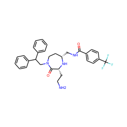 NCC[C@H]1N[C@@H](CNC(=O)c2ccc(C(F)(F)F)cc2)CCN(CC(c2ccccc2)c2ccccc2)C1=O ZINC000206907106