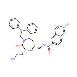 NCC[C@H]1N[C@@H](CNC(=O)c2ccc3cc(Cl)ccc3c2)CCN(CC(c2ccccc2)c2ccccc2)C1=O ZINC000206924943