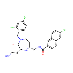 NCC[C@H]1N[C@@H](CNC(=O)c2ccc3cc(Cl)ccc3c2)CCN(Cc2ccc(Cl)cc2Cl)C1=O ZINC000206901471