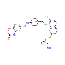 NCC1(COc2ccc3ncc(F)c(CCC45CCC(NCc6ccc7c(n6)NC(=O)CO7)(CC4)CO5)c3n2)CC1 ZINC000149257768