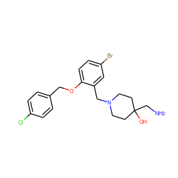 NCC1(O)CCN(Cc2cc(Br)ccc2OCc2ccc(Cl)cc2)CC1 ZINC000028822123