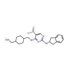 NCC1CCC(CNc2nc(NC3Cc4ccccc4C3)ncc2[N+](=O)[O-])CC1 ZINC000028898768