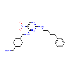 NCC1CCC(CNc2nc(NCCCCc3ccccc3)ncc2[N+](=O)[O-])CC1 ZINC000028898785