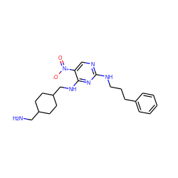 NCC1CCC(CNc2nc(NCCCc3ccccc3)ncc2[N+](=O)[O-])CC1 ZINC000028898779