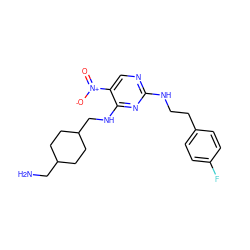 NCC1CCC(CNc2nc(NCCc3ccc(F)cc3)ncc2[N+](=O)[O-])CC1 ZINC000028898804