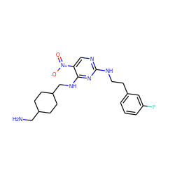 NCC1CCC(CNc2nc(NCCc3cccc(F)c3)ncc2[N+](=O)[O-])CC1 ZINC000028898799