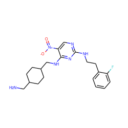 NCC1CCC(CNc2nc(NCCc3ccccc3F)ncc2[N+](=O)[O-])CC1 ZINC000028898795