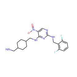 NCC1CCC(CNc2nc(NCc3c(F)cccc3F)ncc2[N+](=O)[O-])CC1 ZINC000028898526