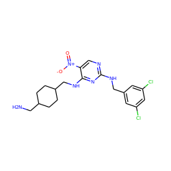 NCC1CCC(CNc2nc(NCc3cc(Cl)cc(Cl)c3)ncc2[N+](=O)[O-])CC1 ZINC000028898593