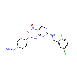 NCC1CCC(CNc2nc(NCc3cc(Cl)ccc3Cl)ncc2[N+](=O)[O-])CC1 ZINC000028898550