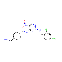 NCC1CCC(CNc2nc(NCc3ccc(Cl)cc3Cl)ncc2[N+](=O)[O-])CC1 ZINC000028898538