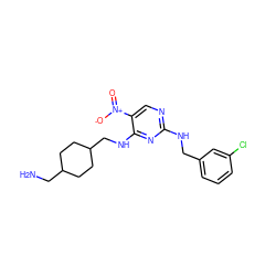 NCC1CCC(CNc2nc(NCc3cccc(Cl)c3)ncc2[N+](=O)[O-])CC1 ZINC000028898361