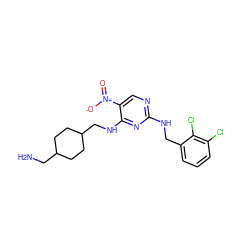 NCC1CCC(CNc2nc(NCc3cccc(Cl)c3Cl)ncc2[N+](=O)[O-])CC1 ZINC000028898532