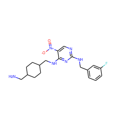 NCC1CCC(CNc2nc(NCc3cccc(F)c3)ncc2[N+](=O)[O-])CC1 ZINC000028898383