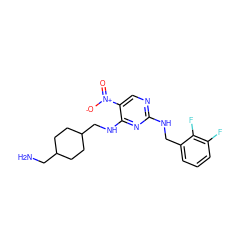 NCC1CCC(CNc2nc(NCc3cccc(F)c3F)ncc2[N+](=O)[O-])CC1 ZINC000028898491