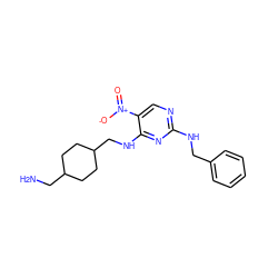 NCC1CCC(CNc2nc(NCc3ccccc3)ncc2[N+](=O)[O-])CC1 ZINC000028898346