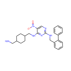 NCC1CCC(CNc2nc(NCc3ccccc3-c3ccccc3)ncc2[N+](=O)[O-])CC1 ZINC000028898473