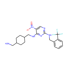 NCC1CCC(CNc2nc(NCc3ccccc3C(F)(F)F)ncc2[N+](=O)[O-])CC1 ZINC000028898443