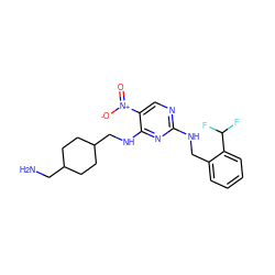 NCC1CCC(CNc2nc(NCc3ccccc3C(F)F)ncc2[N+](=O)[O-])CC1 ZINC000028898452