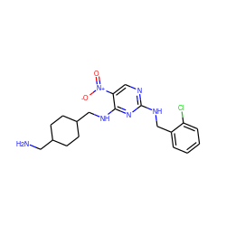 NCC1CCC(CNc2nc(NCc3ccccc3Cl)ncc2[N+](=O)[O-])CC1 ZINC000028898351