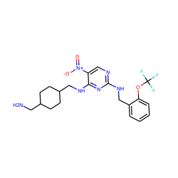 NCC1CCC(CNc2nc(NCc3ccccc3OC(F)(F)F)ncc2[N+](=O)[O-])CC1 ZINC000028898446