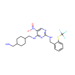 NCC1CCC(CNc2nc(NCc3ccccc3SC(F)(F)F)ncc2[N+](=O)[O-])CC1 ZINC000028898455