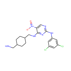 NCC1CCC(CNc2nc(Nc3cc(Cl)cc(Cl)c3)ncc2[N+](=O)[O-])CC1 ZINC000028898319