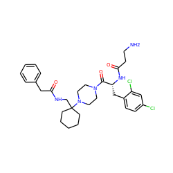 NCCC(=O)N[C@H](Cc1ccc(Cl)cc1Cl)C(=O)N1CCN(C2(CNC(=O)Cc3ccccc3)CCCCC2)CC1 ZINC000028457869