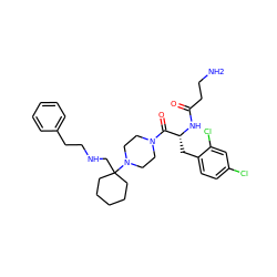 NCCC(=O)N[C@H](Cc1ccc(Cl)cc1Cl)C(=O)N1CCN(C2(CNCCc3ccccc3)CCCCC2)CC1 ZINC000028462329