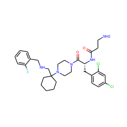 NCCC(=O)N[C@H](Cc1ccc(Cl)cc1Cl)C(=O)N1CCN(C2(CNCc3ccccc3F)CCCCC2)CC1 ZINC000028461824