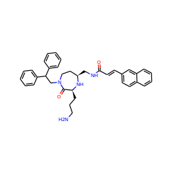 NCCC[C@@H]1N[C@H](CNC(=O)/C=C/c2ccc3ccccc3c2)CCN(CC(c2ccccc2)c2ccccc2)C1=O ZINC000118695052