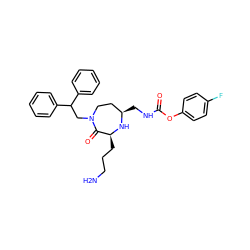 NCCC[C@@H]1N[C@H](CNC(=O)Oc2ccc(F)cc2)CCN(CC(c2ccccc2)c2ccccc2)C1=O ZINC001772617565