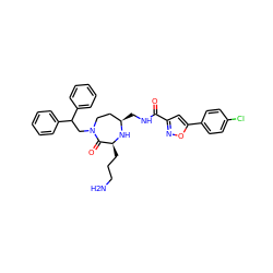 NCCC[C@@H]1N[C@H](CNC(=O)c2cc(-c3ccc(Cl)cc3)on2)CCN(CC(c2ccccc2)c2ccccc2)C1=O ZINC000118680648