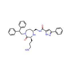 NCCC[C@@H]1N[C@H](CNC(=O)c2cc(-c3ccccc3)n[nH]2)CCN(CC(c2ccccc2)c2ccccc2)C1=O ZINC000118696116