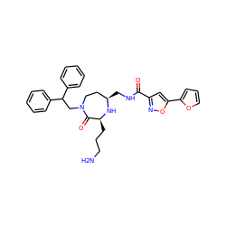 NCCC[C@@H]1N[C@H](CNC(=O)c2cc(-c3ccco3)on2)CCN(CC(c2ccccc2)c2ccccc2)C1=O ZINC000118685556