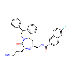 NCCC[C@@H]1N[C@H](CNC(=O)c2ccc3cc(F)ccc3c2)CCN(CC(c2ccccc2)c2ccccc2)C1=O ZINC000118682396