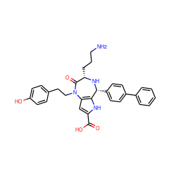 NCCC[C@@H]1N[C@H](c2ccc(-c3ccccc3)cc2)c2[nH]c(C(=O)O)cc2N(CCc2ccc(O)cc2)C1=O ZINC000473135509