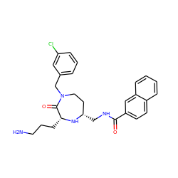 NCCC[C@H]1N[C@@H](CNC(=O)c2ccc3ccccc3c2)CCN(Cc2cccc(Cl)c2)C1=O ZINC000206916014