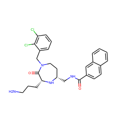 NCCC[C@H]1N[C@@H](CNC(=O)c2ccc3ccccc3c2)CCN(Cc2cccc(Cl)c2Cl)C1=O ZINC000206915446