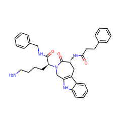 NCCCC[C@@H](C(=O)NCc1ccccc1)N1Cc2[nH]c3ccccc3c2C[C@@H](NC(=O)CCc2ccccc2)C1=O ZINC000044306236