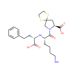 NCCCC[C@H](N[C@@H](CCc1ccccc1)C(=O)O)C(=O)N1CC2(C[C@H]1C(=O)O)SCCS2 ZINC000029336996