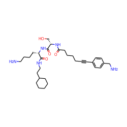 NCCCC[C@H](NC(=O)[C@H](CO)NC(=O)CCCCC#Cc1ccc(CN)cc1)C(=O)NCCC1CCCCC1 ZINC000029223374