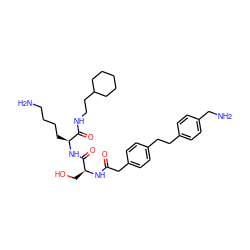 NCCCC[C@H](NC(=O)[C@H](CO)NC(=O)Cc1ccc(CCc2ccc(CN)cc2)cc1)C(=O)NCCC1CCCCC1 ZINC000029221803