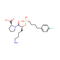 NCCCC[C@H](O[P@](=O)(O)CCCCc1ccc(F)cc1)C(=O)N1CCC[C@H]1C(=O)O ZINC000026185923