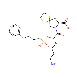 NCCCC[C@H](O[P@](=O)(O)CCCCc1ccccc1)C(=O)N1CC2(C[C@H]1C(=O)O)SCCS2 ZINC000013600043