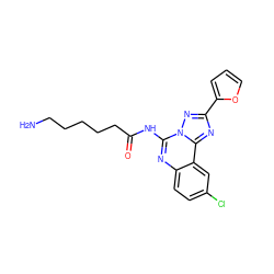 NCCCCCC(=O)Nc1nc2ccc(Cl)cc2c2nc(-c3ccco3)nn12 ZINC000013672447