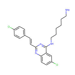 NCCCCCCNc1nc(/C=C/c2ccc(Cl)cc2)nc2ccc(Cl)cc12 ZINC000038847022