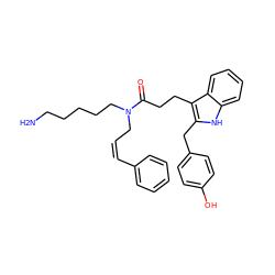 NCCCCCN(C/C=C\c1ccccc1)C(=O)CCc1c(Cc2ccc(O)cc2)[nH]c2ccccc12 ZINC000028825920