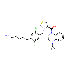 NCCCCCc1cc(Cl)c(CN2CSC[C@H]2C(=O)N2CCN(C3CC3)c3ccccc32)cc1Cl ZINC000205203951