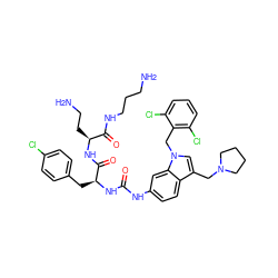 NCCCNC(=O)[C@H](CCN)NC(=O)[C@H](Cc1ccc(Cl)cc1)NC(=O)Nc1ccc2c(CN3CCCC3)cn(Cc3c(Cl)cccc3Cl)c2c1 ZINC000095543007